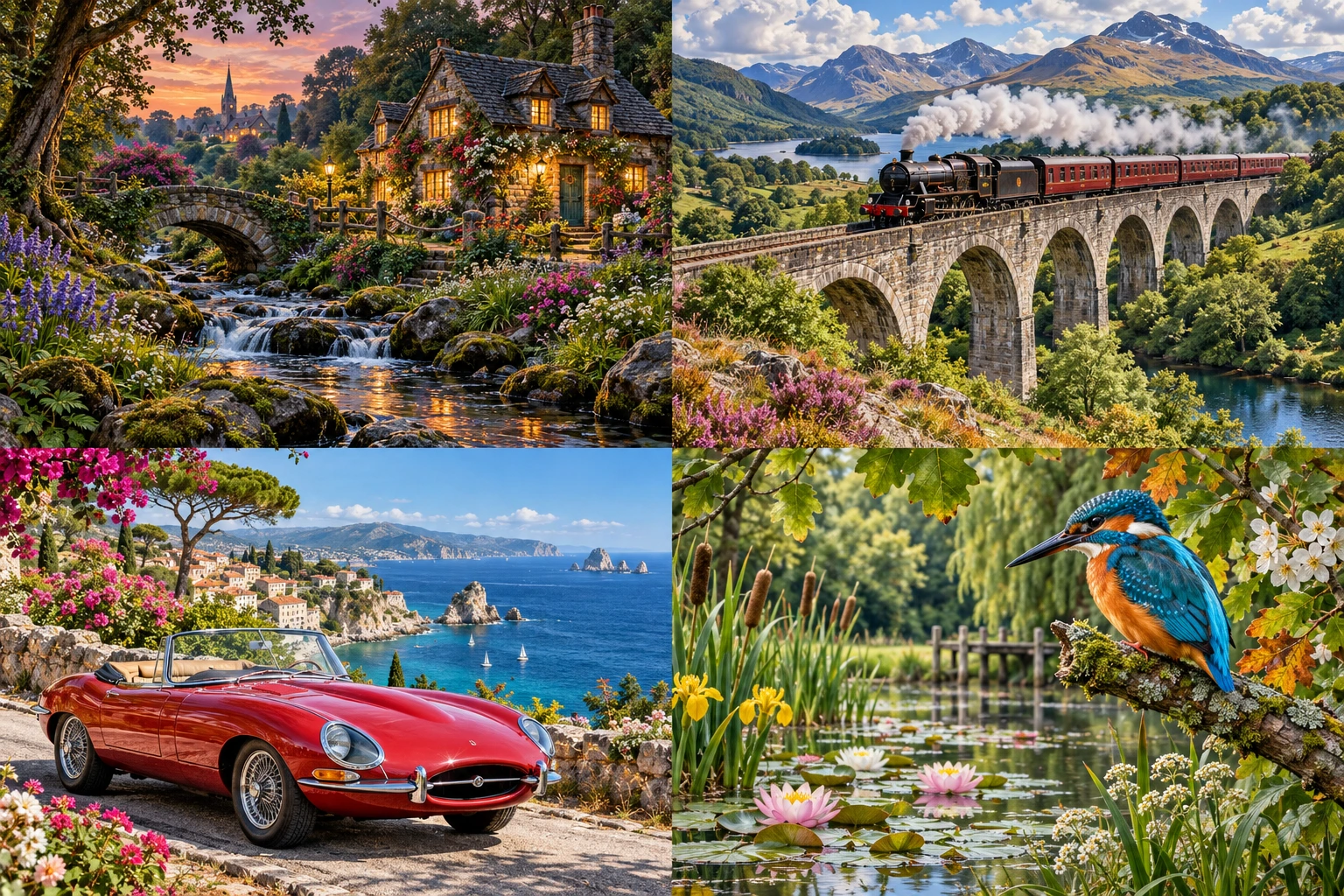 Four free demo scenes: a woodland cottage, steam railway, coastal classic car and kingfisher
